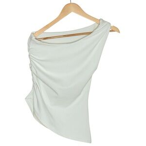 MNG One Shoulder Top Size S Cream Asymmetrical Minimalist Clean Girl Chic Modern